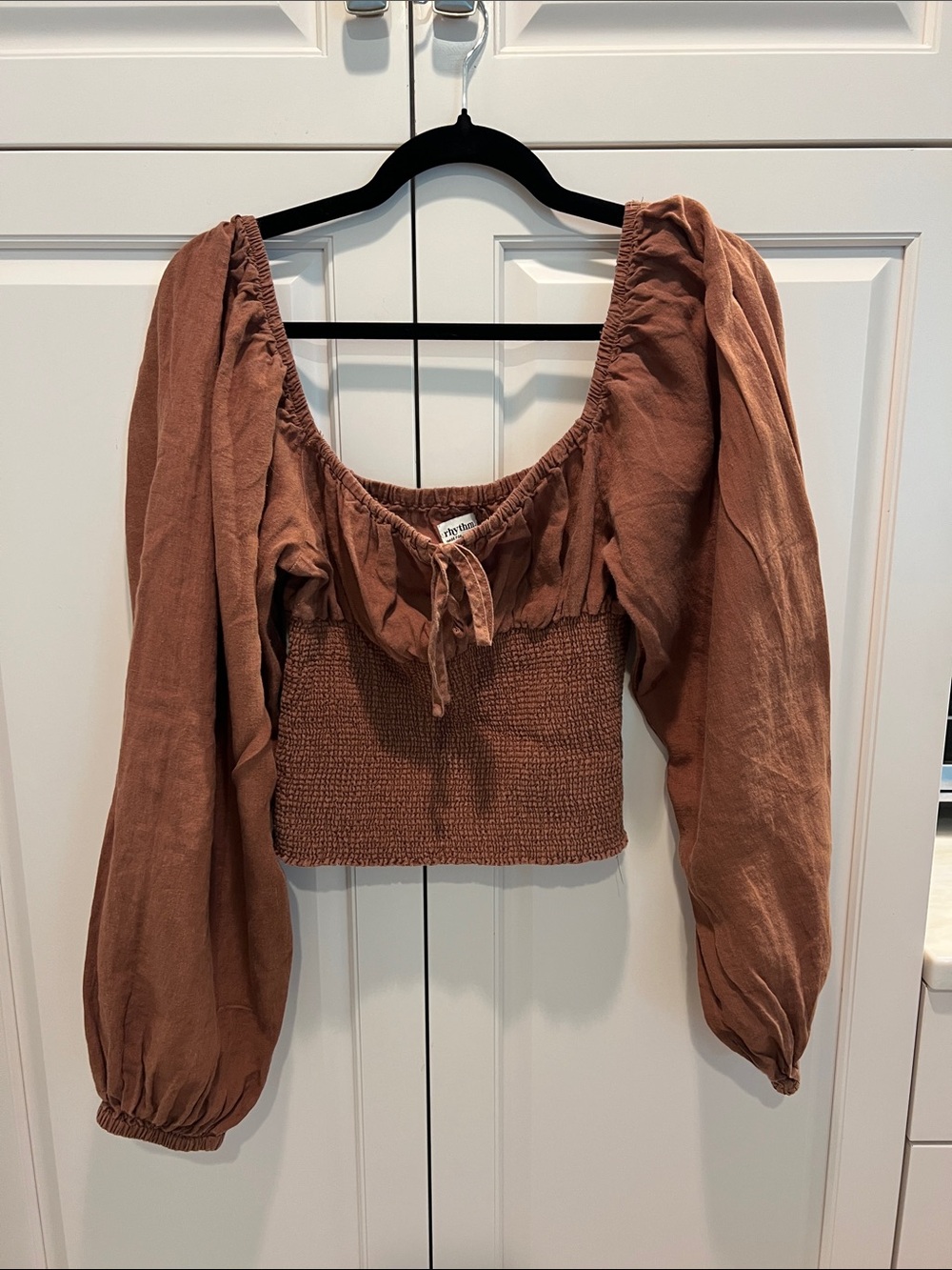 Rhythm Rust Brown Smocked Long-Sleeve Crop Top 100% LINEN like 🆕